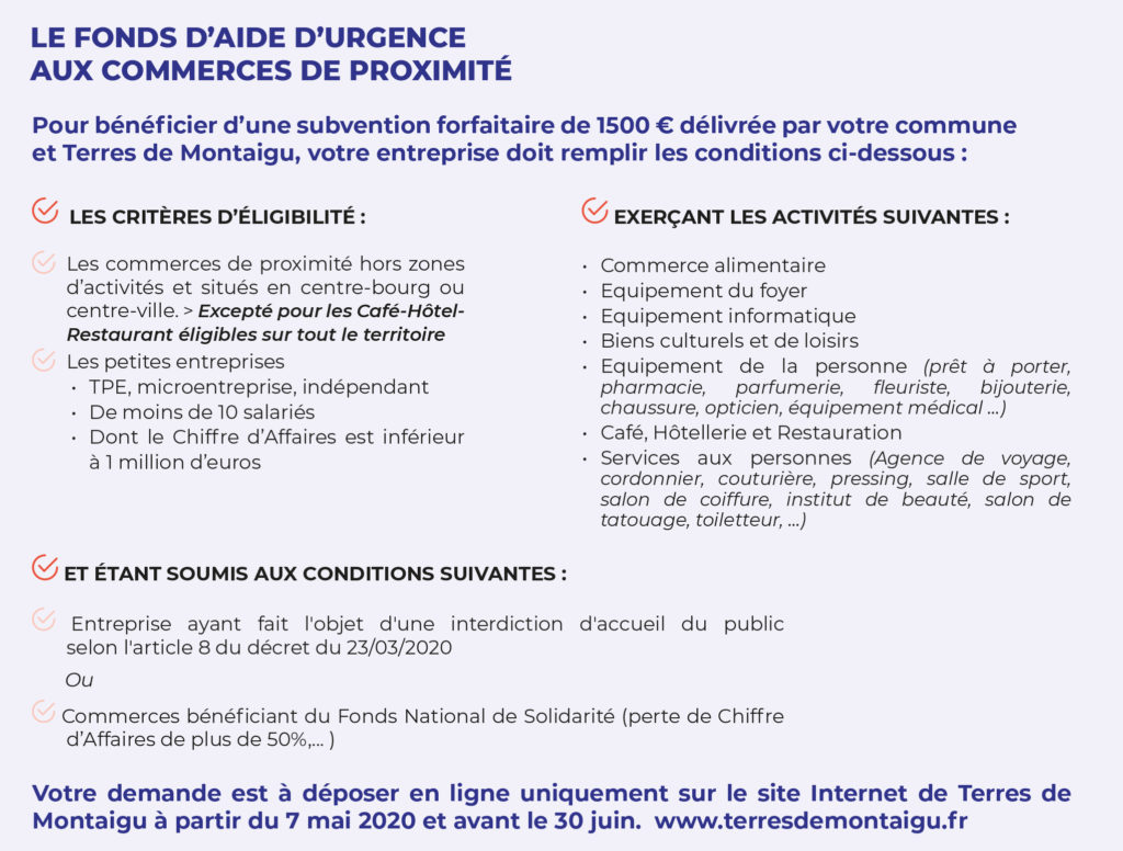 Infographie : critères d'éligibilité au fonds d'aide d'urgence mis en place par Terres de Montaigu pour les commerces de proximité